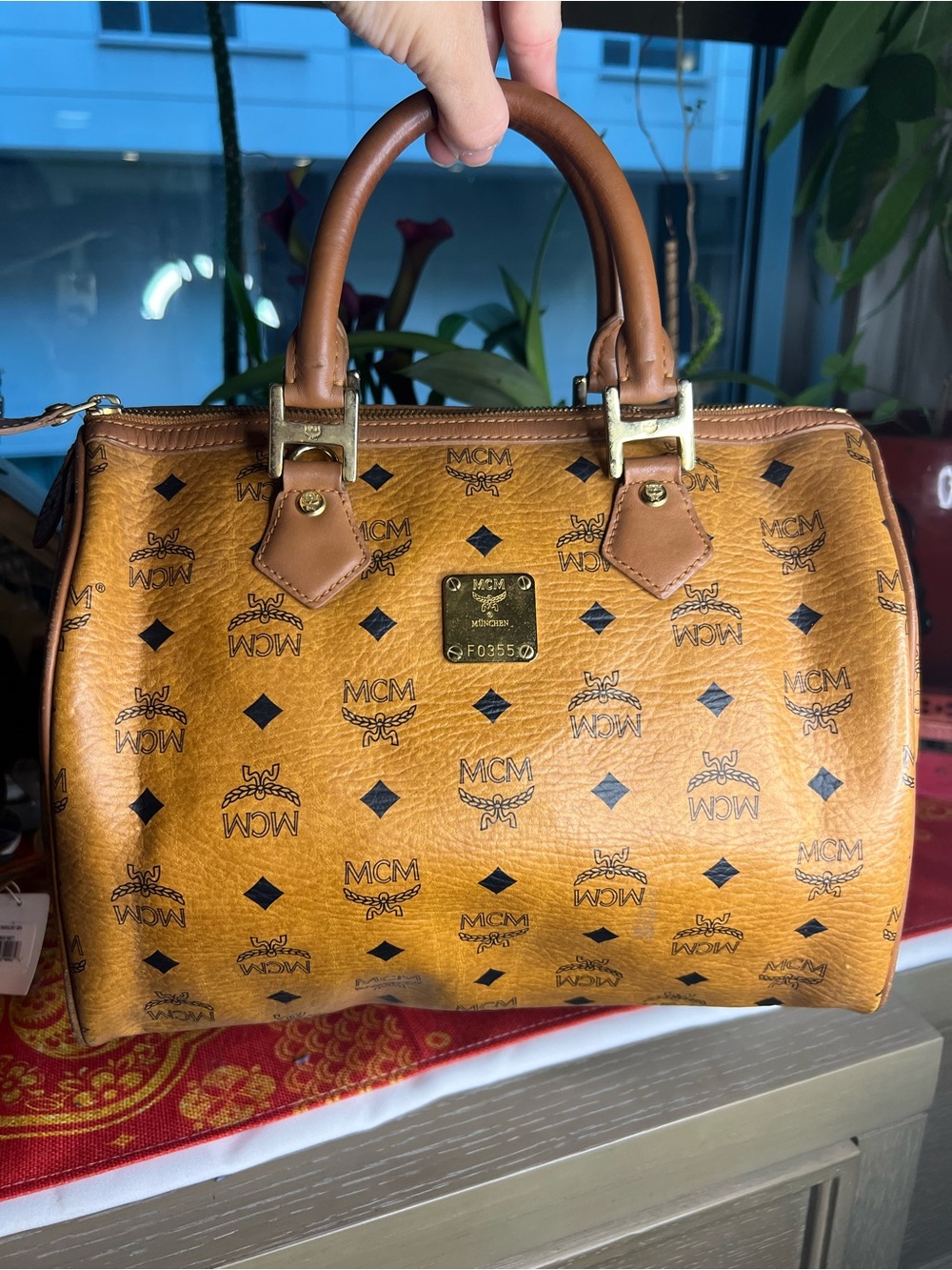 Vintage MCM Cognac Visetos Monogram Boston Satchel Bag